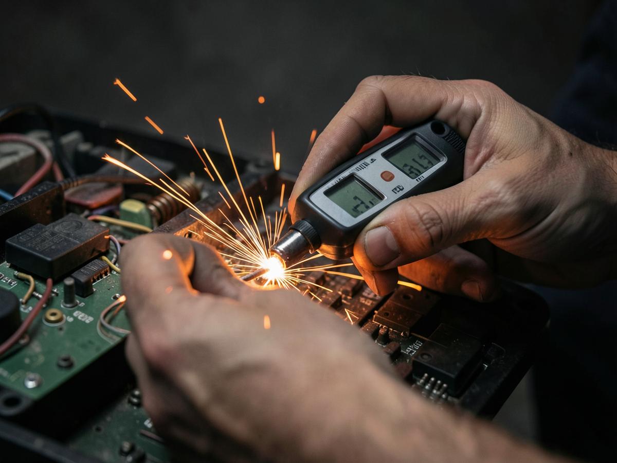 Concept illustration of hands testing an appliance circuit board with a meter